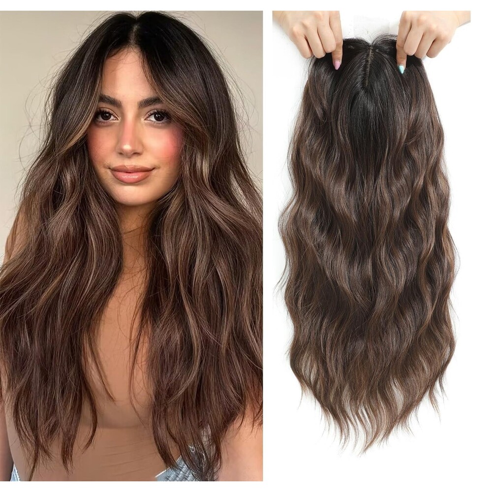 PANEWAY 20" Hair Topper Wavy Synthetic Clip In Wiglet Brunette Brown Balayage Ro